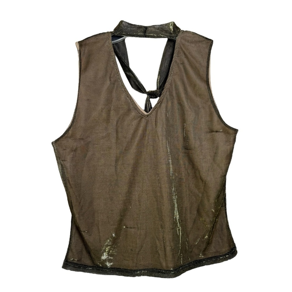 Vintage 80s Tie Neck Sleeveless Top Size Small Gold Metallic - Picture 2 of 7
